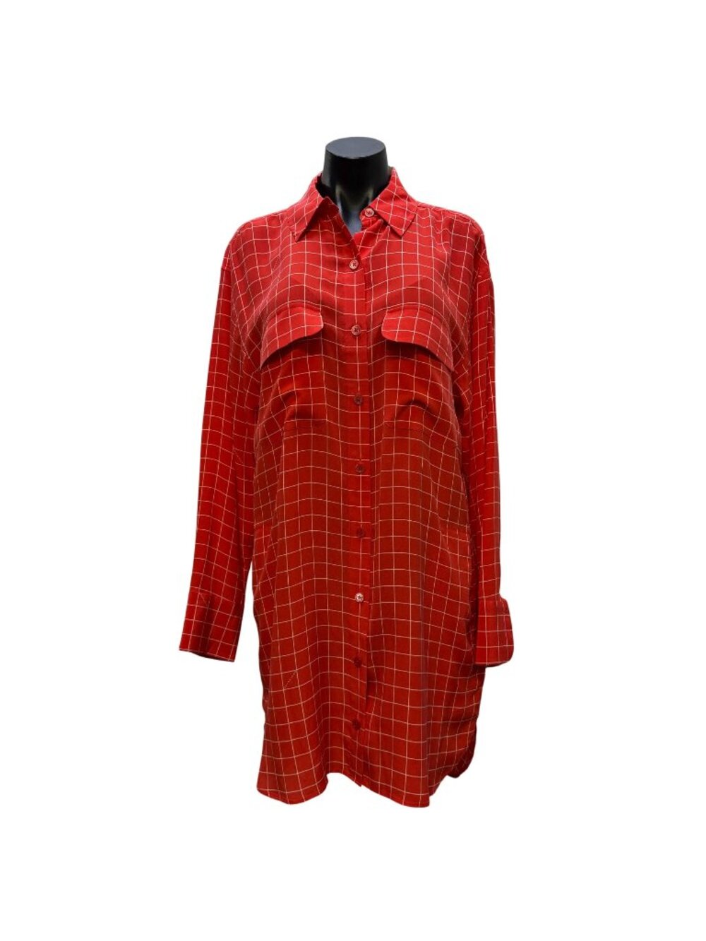 Equipment Femme Coral White Grid Long Sleeve Button-Down Shirt Dress M